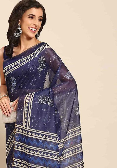 Blue Digital Block Print Cotton Saree Set