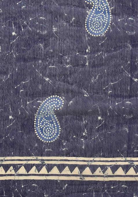 Blue Digital Block Print Cotton Saree Set