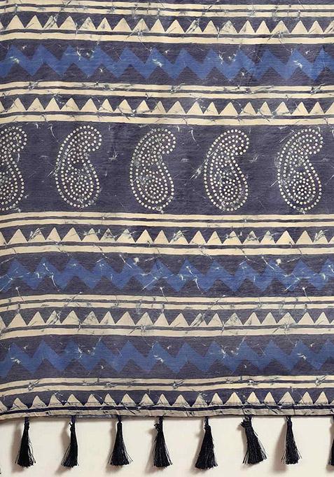 Blue Digital Block Print Cotton Saree Set