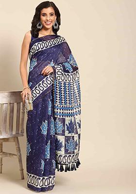 Dark Blue Digital Block Print Cotton Blend Saree Set