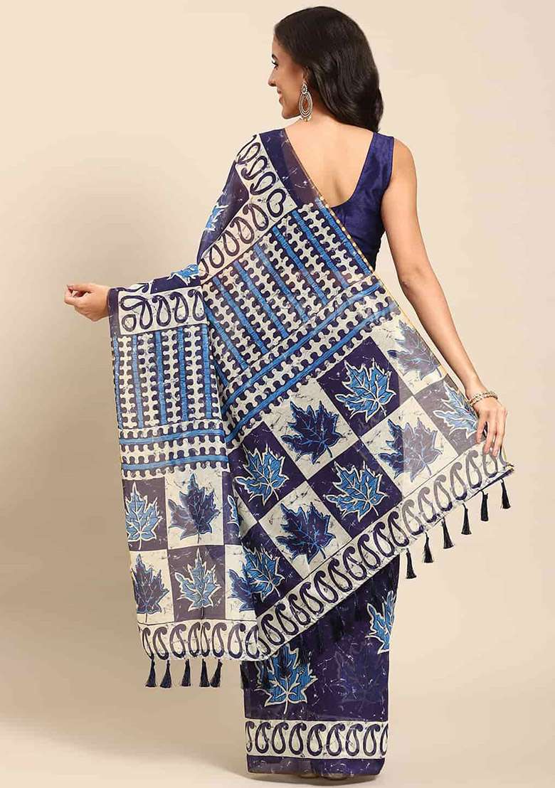 Dark Blue Digital Block Print Cotton Blend Saree Set - Indya