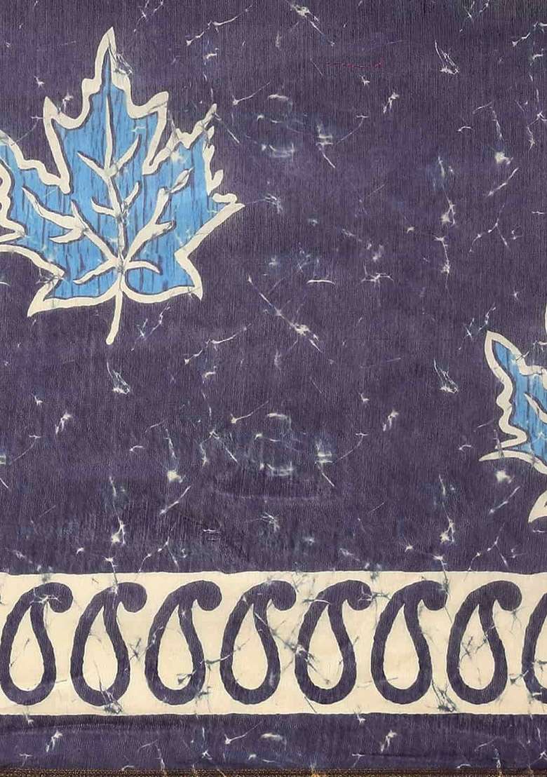 Dark Blue Digital Block Print Cotton Blend Saree Set - Indya
