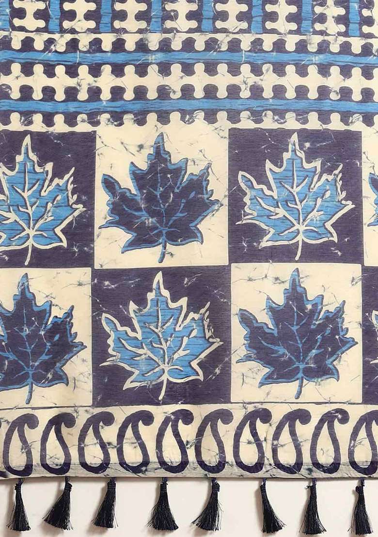 Dark Blue Digital Block Print Cotton Blend Saree Set - Indya
