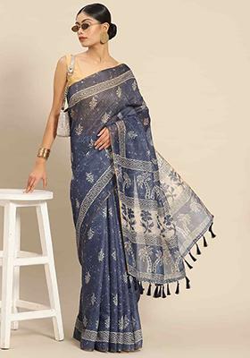 Dark Blue Block Digital Print Cotton Blend Saree Set