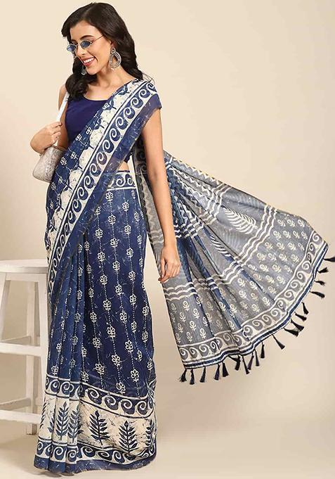 Dark Blue Digital Block Print Cotton Saree Set