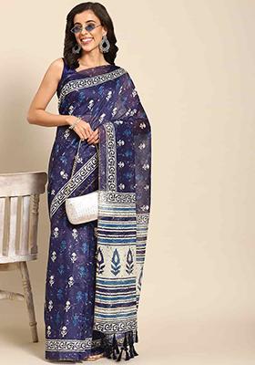 Dark Blue Block Digital Print Cotton Saree Set
