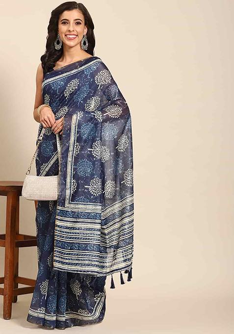 Dark Blue Block Print Cotton Blend Saree Set