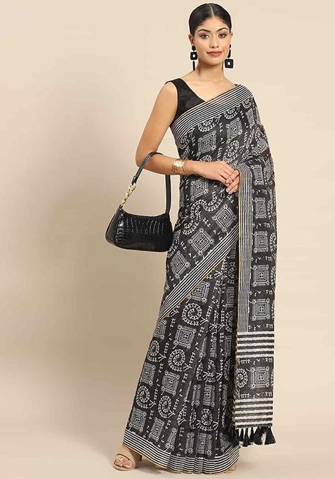 Black Floral Digital Print Cotton Blend Saree Set