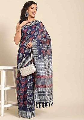 Dark Blue Digital Print Cotton Blend Saree Set
