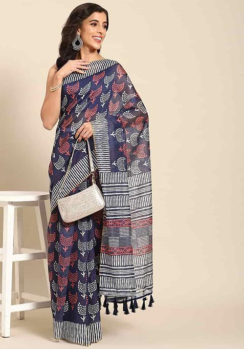 Dark Blue Digital Print Cotton Blend Saree Set