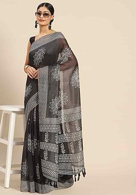 Black Digital Print Cotton Blend Saree Set