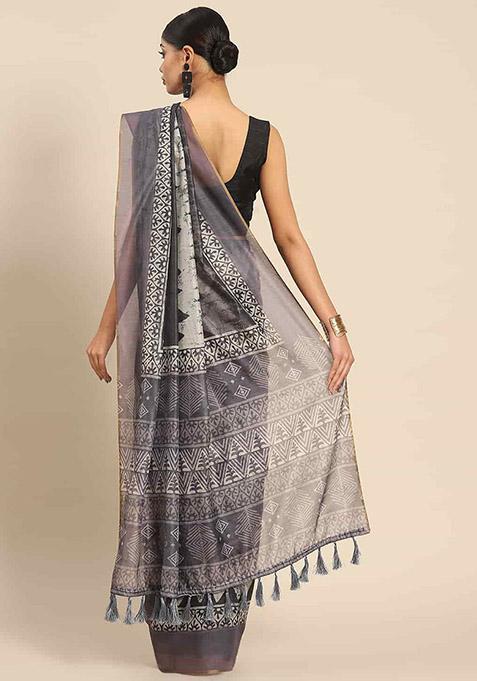 Purple Digital Print Cotton Blend Saree Set