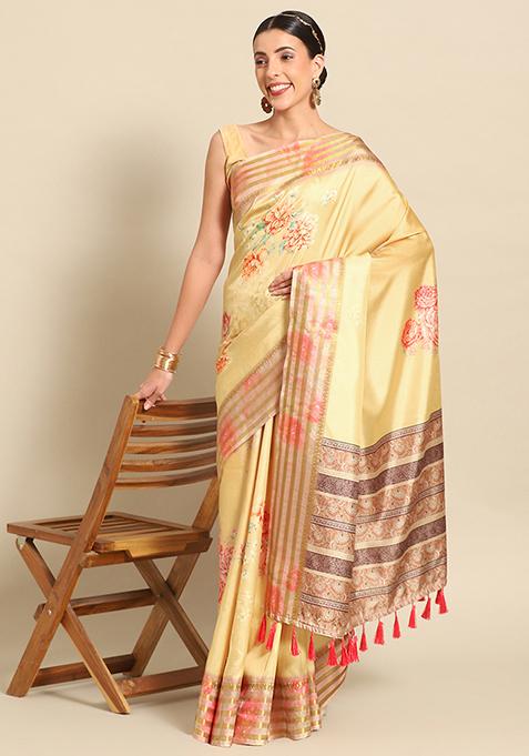 Mustard Floral Digital Print Art Silk Saree Set