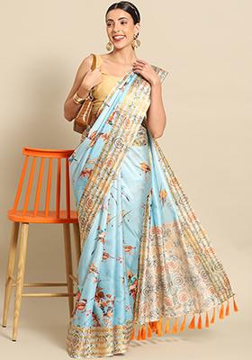 Blue Floral Digital Print Art Silk Saree Set