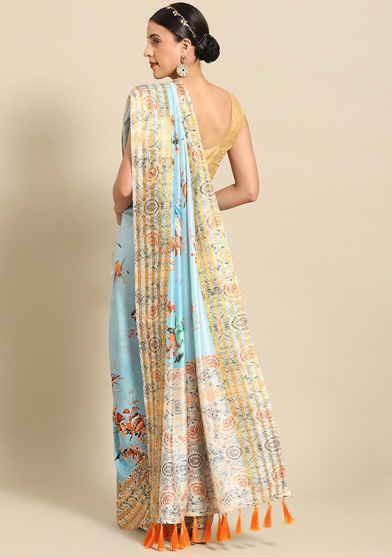 Blue Floral Digital Print Art Silk Saree Set - Indya