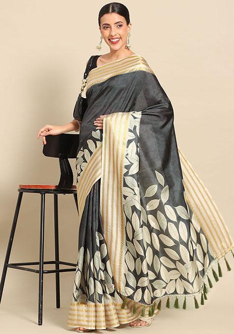 Black Floral Digital Print Art Silk Saree Set