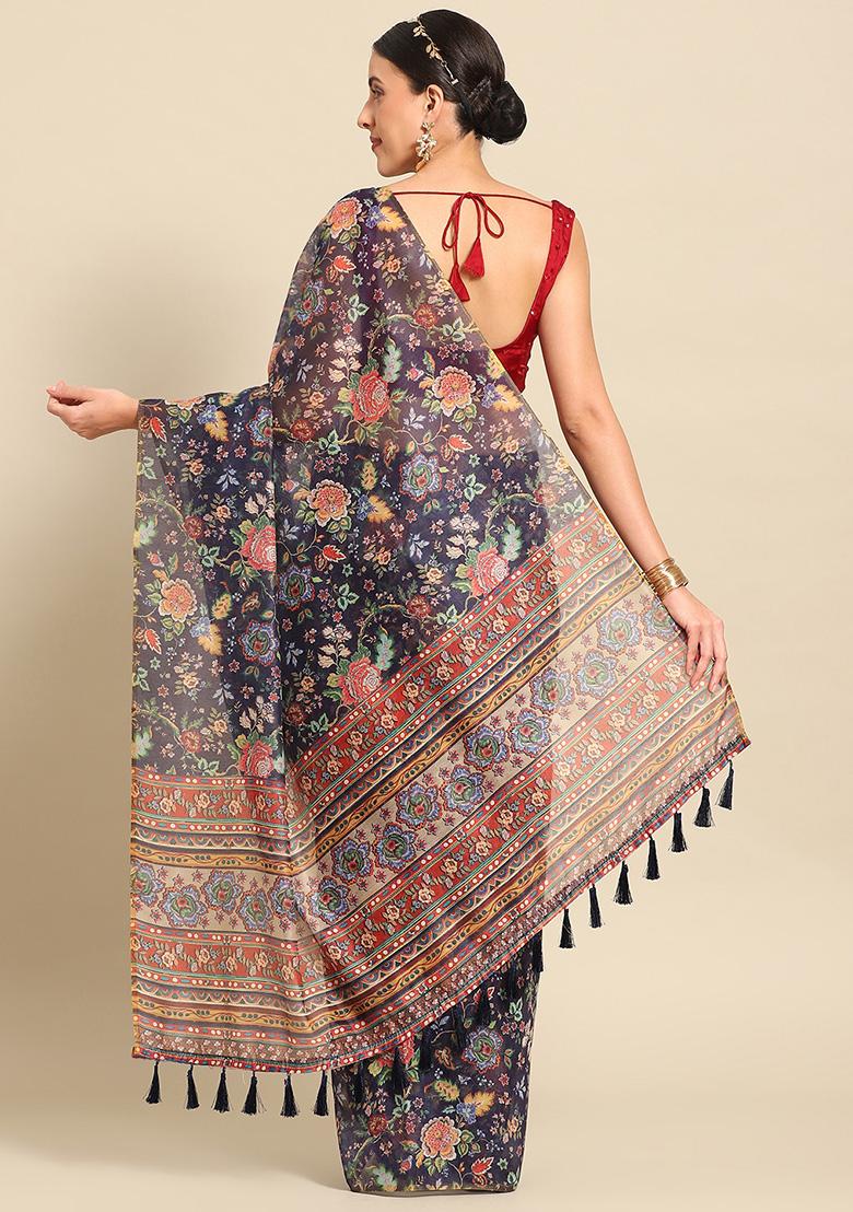 Navy Blue Floral Digital Print Pure Cotton Saree Set