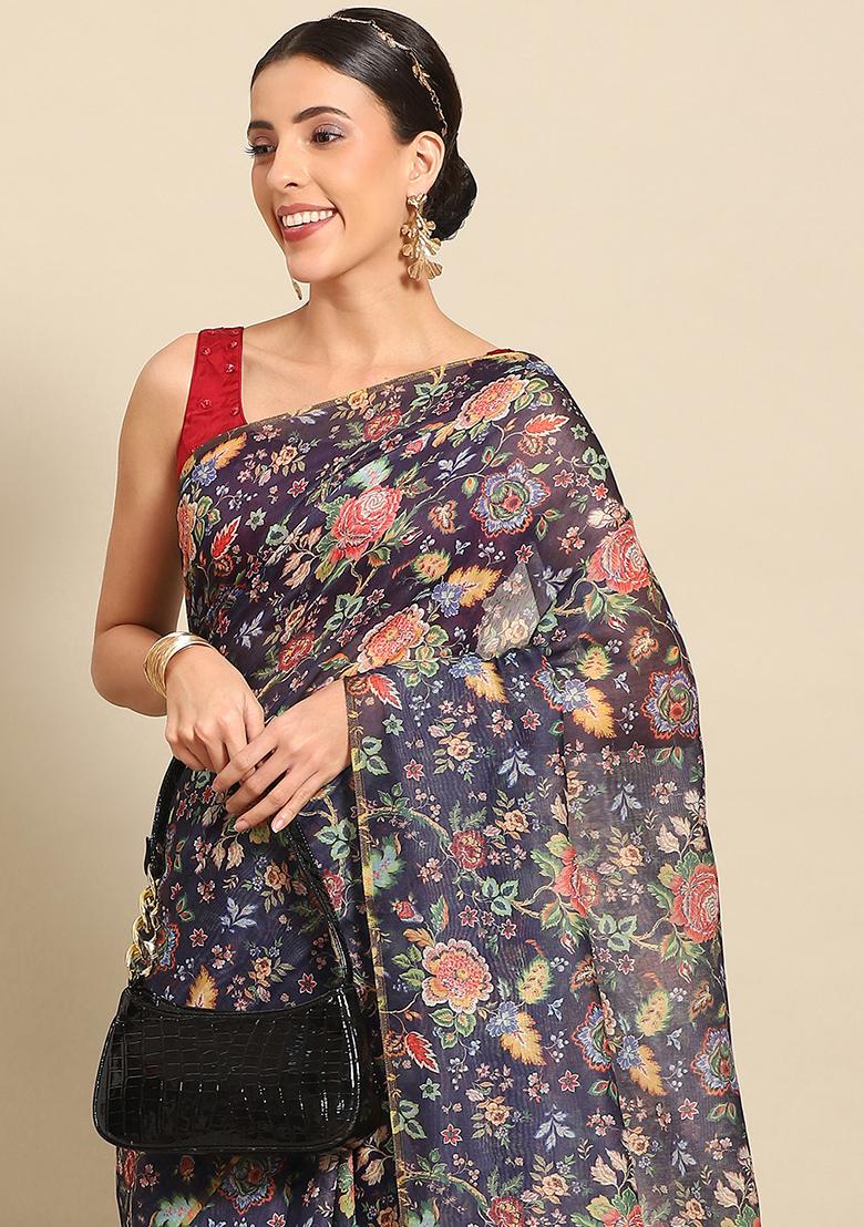Navy Blue Floral Digital Print Pure Cotton Saree Set