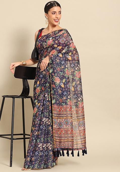 Navy Blue Floral Digital Print Pure Cotton Saree Set