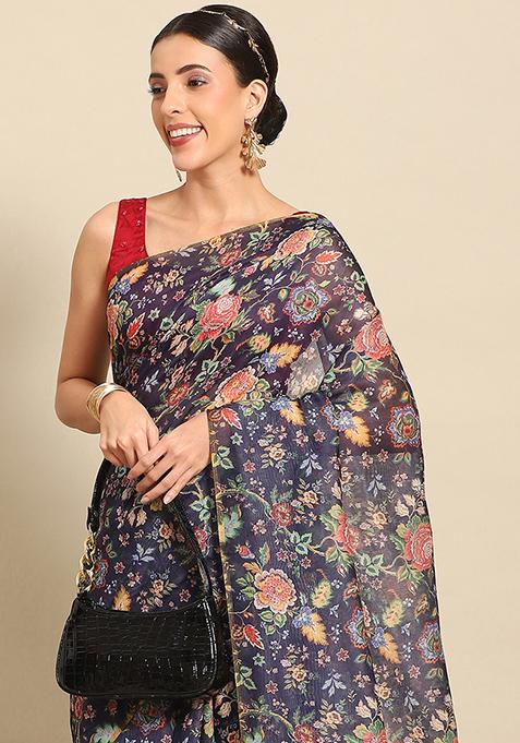 Navy Blue Floral Digital Print Pure Cotton Saree Set