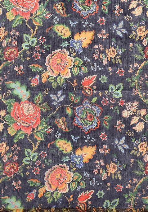 Navy Blue Floral Digital Print Pure Cotton Saree Set