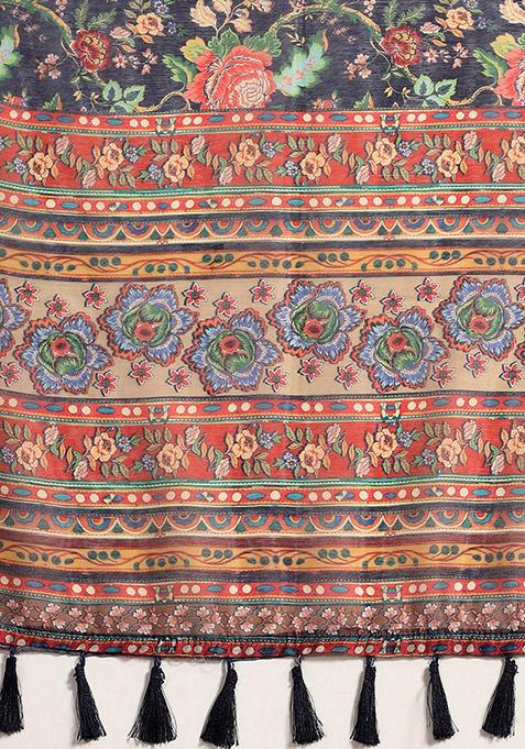 Navy Blue Floral Digital Print Pure Cotton Saree Set