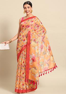 Orange Floral Digital Print Pure Cotton Saree Set