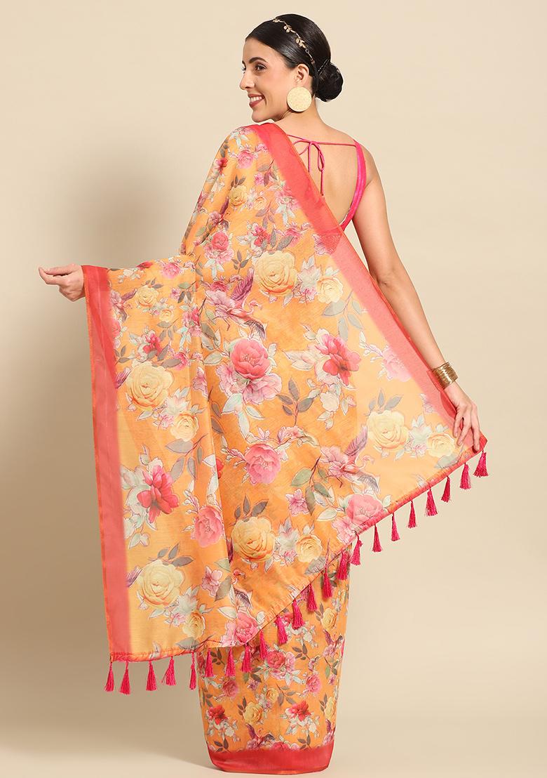 Orange Floral Digital Print Pure Cotton Saree Set