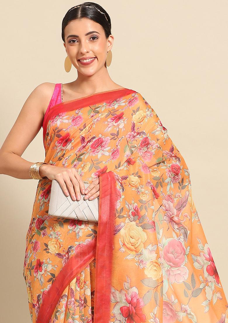 Orange Floral Digital Print Pure Cotton Saree Set