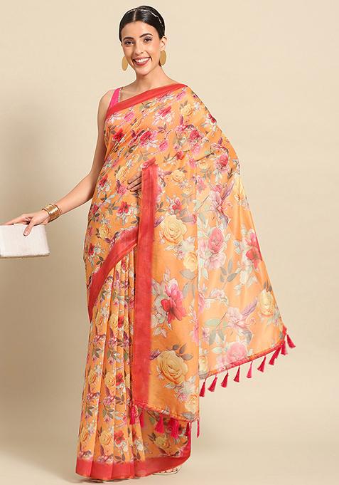 Orange Floral Digital Print Pure Cotton Saree Set