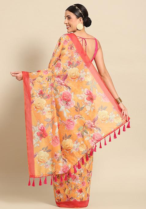 Orange Floral Digital Print Pure Cotton Saree Set