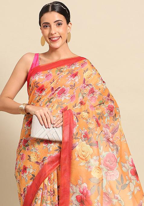 Orange Floral Digital Print Pure Cotton Saree Set