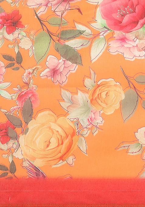 Orange Floral Digital Print Pure Cotton Saree Set