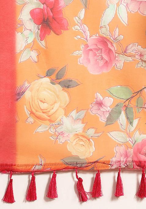 Orange Floral Digital Print Pure Cotton Saree Set