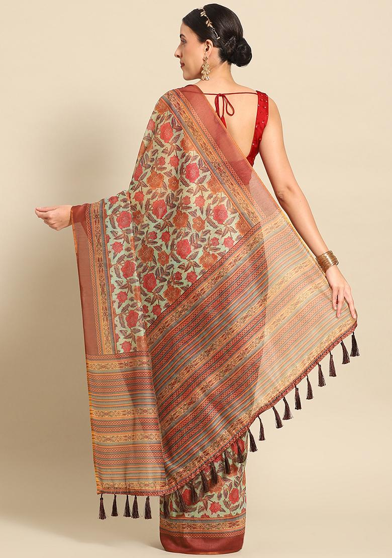 Green Floral Digital Print Pure Cotton Saree Set