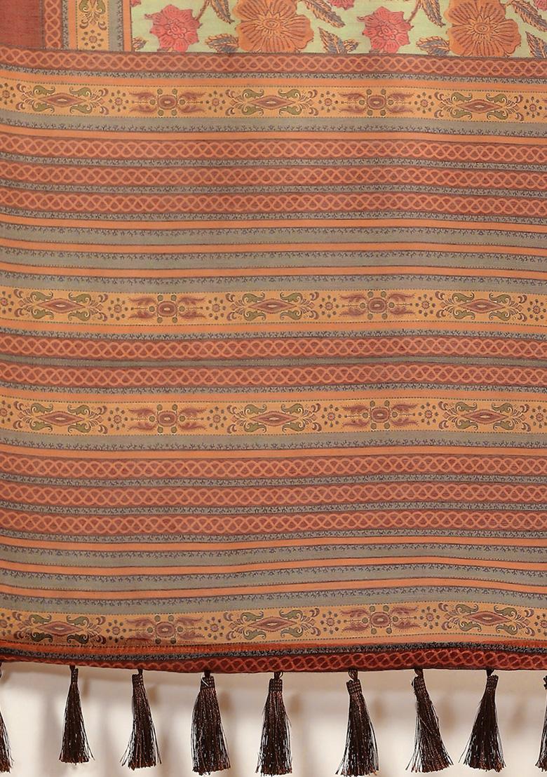 Green Floral Digital Print Pure Cotton Saree Set