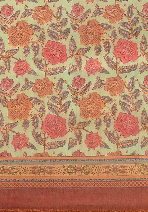 Green Floral Digital Print Pure Cotton Saree Set