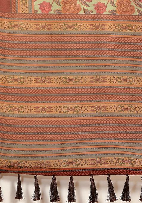 Green Floral Digital Print Pure Cotton Saree Set