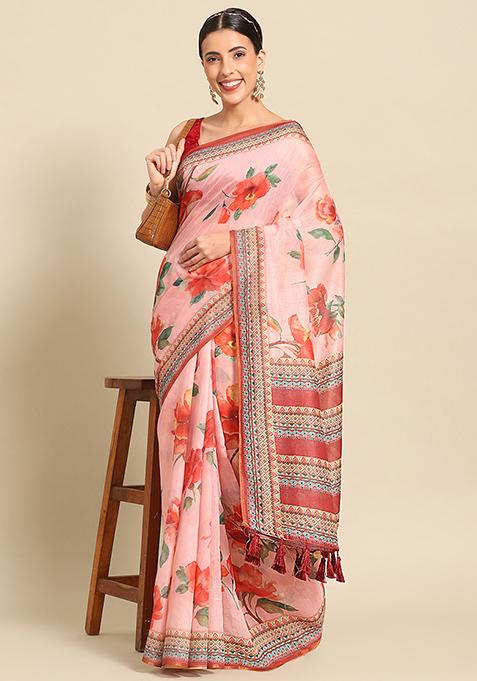 Pink Floral Digital Print Pure Cotton Saree Set