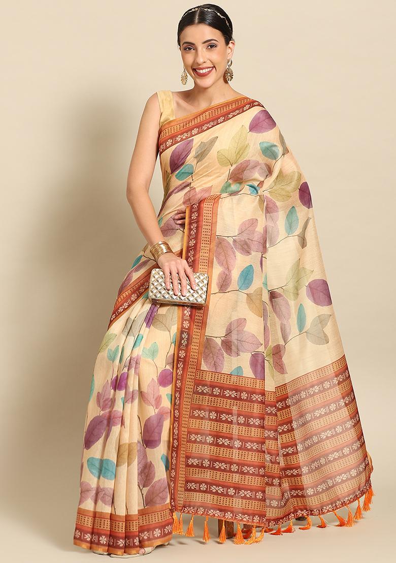 Mustard Floral Digital Print Pure Cotton Saree Set