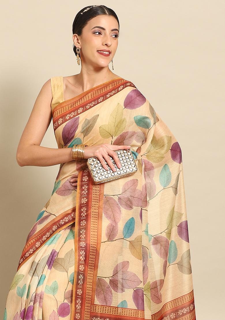 Mustard Floral Digital Print Pure Cotton Saree Set