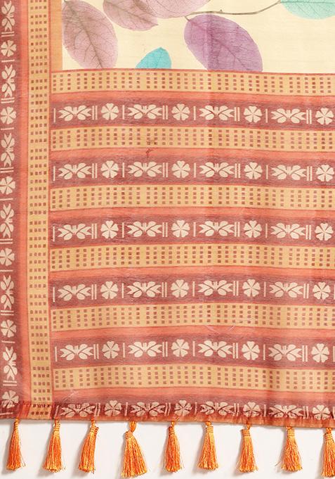 Mustard Floral Digital Print Pure Cotton Saree Set