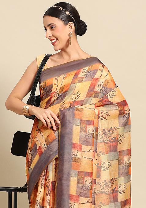Multicolor Floral Print Pure Cotton Saree Set