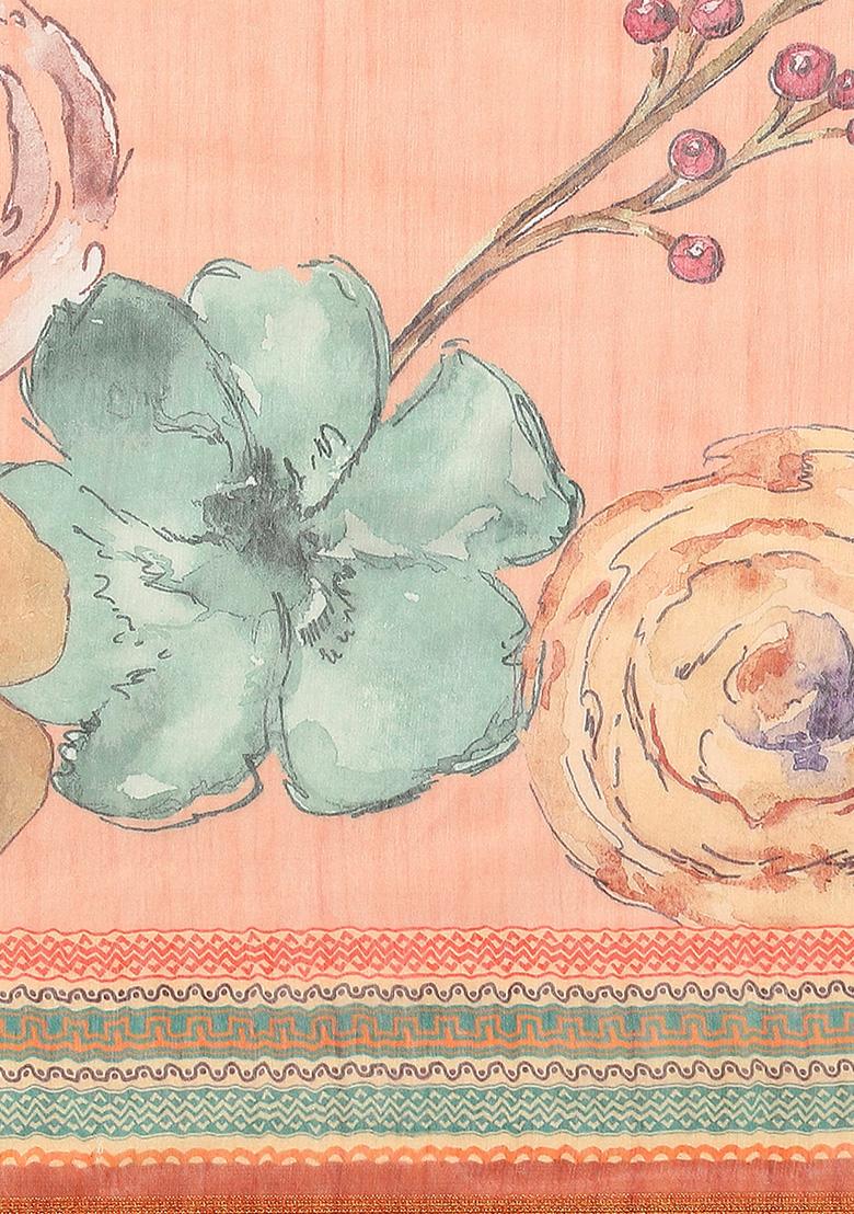 Peach Floral Digital Print Pure Cotton Saree Set