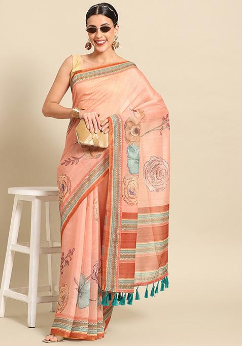 Peach Floral Digital Print Pure Cotton Saree Set