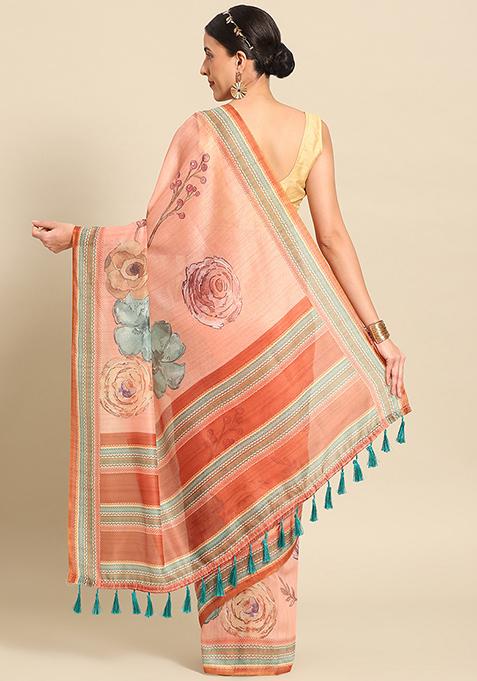 Peach Floral Digital Print Pure Cotton Saree Set