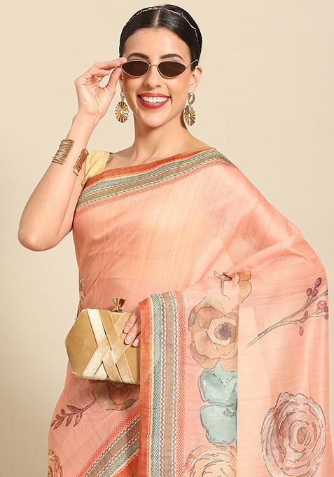 Peach Floral Digital Print Pure Cotton Saree Set