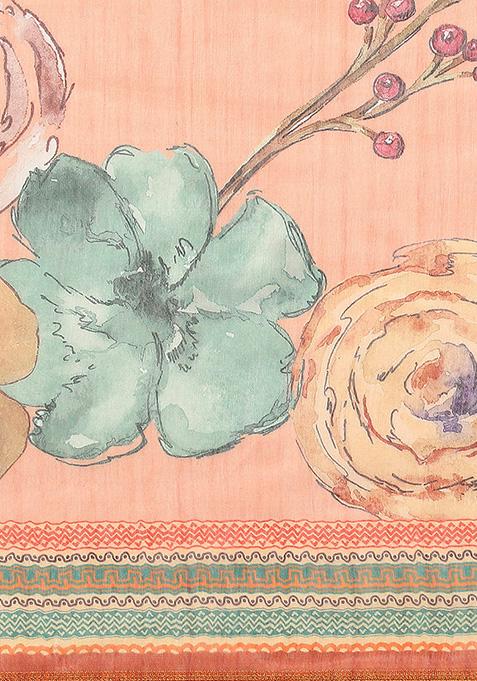 Peach Floral Digital Print Pure Cotton Saree Set