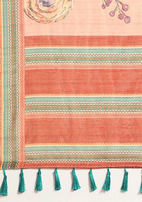 Peach Floral Digital Print Pure Cotton Saree Set