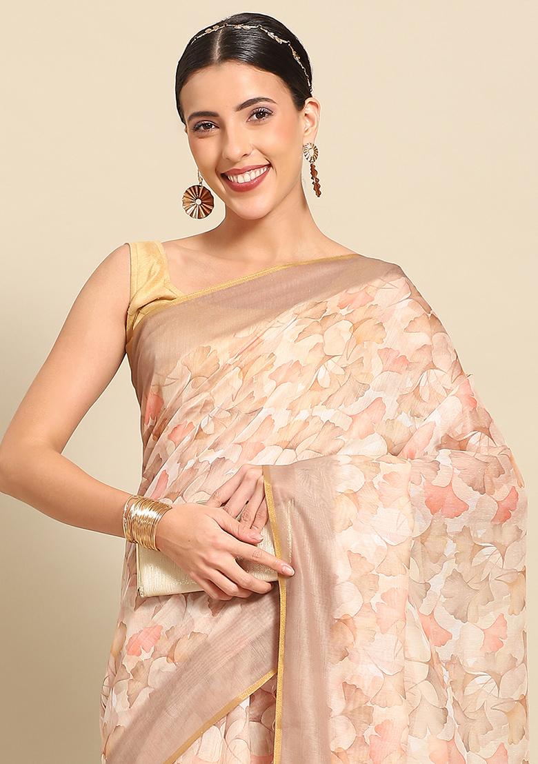 Beige Floral Digital Print Pure Cotton Saree Set